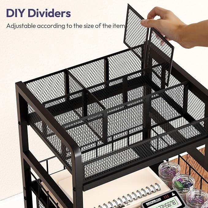 SWTYMIKI Rolling Cart with Drawers - Metal Utility Cart with Wood Shelf, DIY Divider and Locking Wheels, Craft & Art Cart Organizer for Under Desk Storage for Home Office Studio, Black