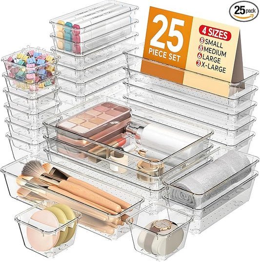 KEMETHY 25 PCS Plastic Drawer Organizers Set, 4 Sizes Vanity Organizer, Makeup and Desk Drawer Organizer Trays, Organization and Storage for Makeup, Bathroom, Kitchen Utensils and Office (Clear)