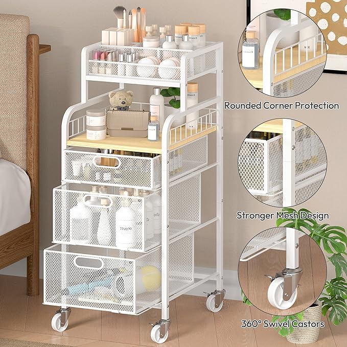 SWTYMIKI Office Rolling Cart with 3 Drawers - Metal Utility Cart with Wood Shelf, DIY Divider and Locking Wheels, Craft & Art Cart Organizer for Under Desk Storage for Home Office Studio, White