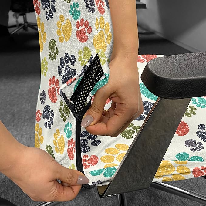 Ambesonne Dog Lover Office Chair Cover, Hand Drawn Paw Print Doodles Circular Pattern Drawing Style Animal, Stretchable Decorative Universal Size High Back Printed Slipcover, Charcoal Beige