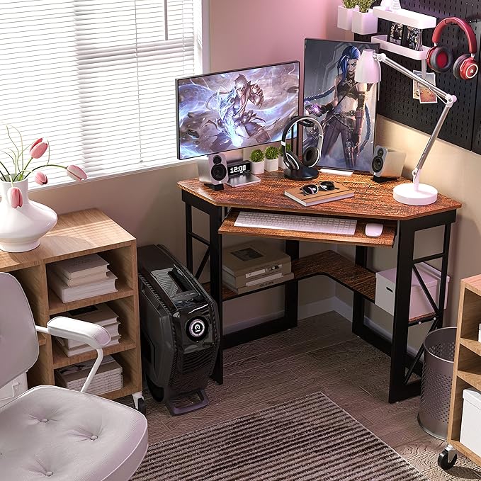 VECELO Corner Desk Computer Desk Writing Table with Smooth Keyboard Tray & Storage Shelves,Compact Home Office Triangle Table,Teak