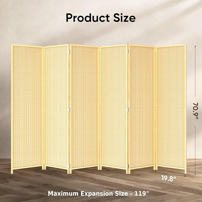 JOSTYLE Room Divider Folding Privacy Screen, 6 Panel Room Divider Screen - 6 ft. Tall Bamboo Divider Panel for Room Separation Freestanding Partition Wall, Beige, 70.9" H x 119" W