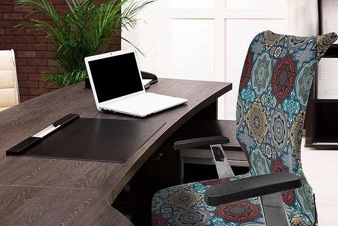 Ambesonne Moroccan Office Chair Cover, Patchwork Style Vintage Ottoman Inspiration Retro Motifs, Stretchable Decorative Universal Size High Back Printed Slipcover, Brown Blue