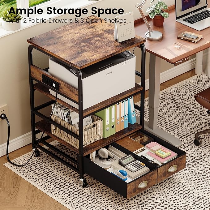 Extra Large Printer Stand with 2 Farbic Drawer, 3 Tier Printer Table with 4-Adjustable Heights, Rolling Printer Cart with Storage for Printer Scanner Fax Home Office Use, Rustic Black and Brown