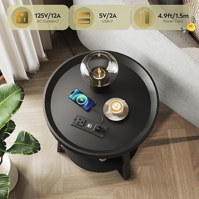 WLIVE Small Round Side Table with Charging Station, Round Coffee Table, 2 Tier End Table for Living Room/Bedroom, Sofa Couch, Easy to Assemble, Wood Tabletop & Metal Frame, Black
