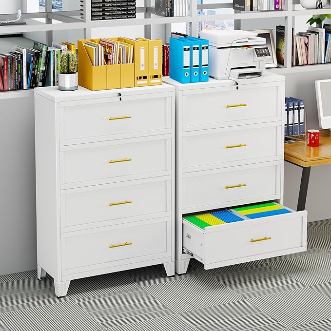 winiowa 4 Drawer File Cabinet, Metal Lateral File Cabinet with Lock, Locking Filing Cabinets for Home Office,Wide Office Storage Cabinet for Hanging Files Letter/Legal/F4/A4 Size (White, 4-Drawer)