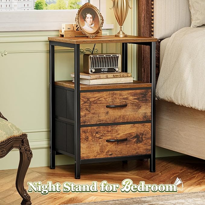 Huuger Night Stand Set of 2, Nightstand with 2 Drawers, Bed Side Table with Open Shelf, Wooden Top, End Table, Fabric Drawer, for Bedroom, Rustic Brown