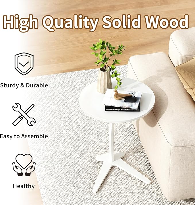 C Shaped End Table, Small Round Side Table for Couch, Slide Under Sofa Tray Desk for Living Room Bedroom, Solid Wood TV Tray Table for Narrow Space (15” White)