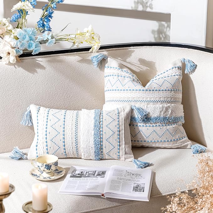 BlissBlush 12x20 Lumbar Pillow Cover, Rectangular Blue Pattern Decorative Cushion Cover, Coastal Boho Accent Pillowcase with Tufted Pattern and Tassels for Couch Sofa Living Room (Cover Only)