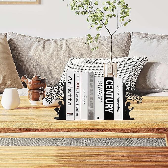 Tree of Life Bookends Decorative Couple Book Ends for Shelves, Black Metal Bookends for Heavy Books, Book Organizer for Desk Bookshelf Home Office Book Stopper Valentines Day Gifts for her