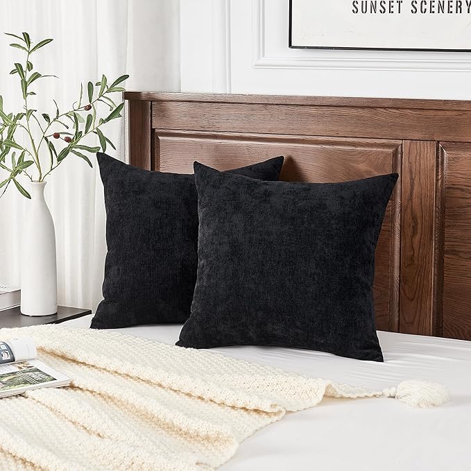 GAWAMAY Decorative Square Throw Pillow Covers 20"x20" Inch Set of 2, Super Soft Chenille Pillows Farmhouse Fall Pillowcase for Living Room Bedroom Sofa Couch Cushion Cover Black 50x50cm (No Insert)