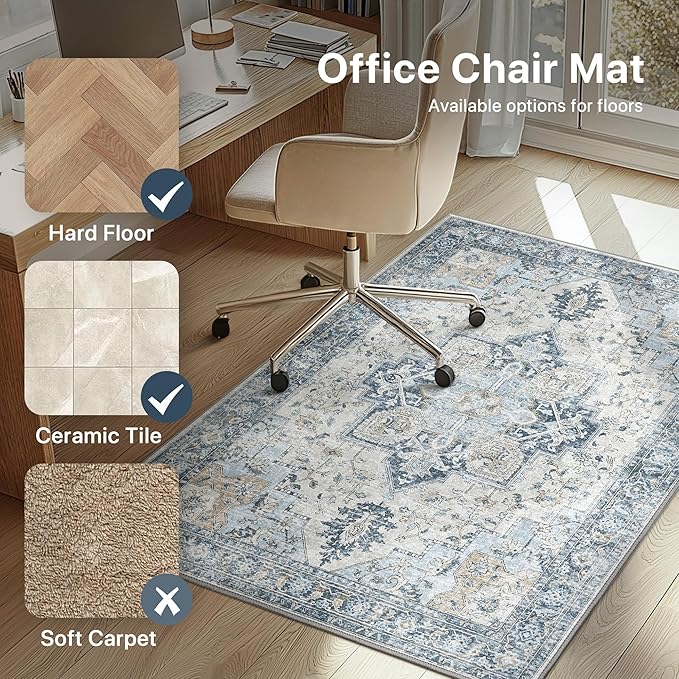 30"x48" Office Chair Mat for Hardwood Tile Floor, Under Desk Carpet Protector for Rolling Computer Chair Mat, Machine Washable Area Rug, Anti-Slip 1/5" Thick Low Pile Thin Vinyl Floor Mat, Blue