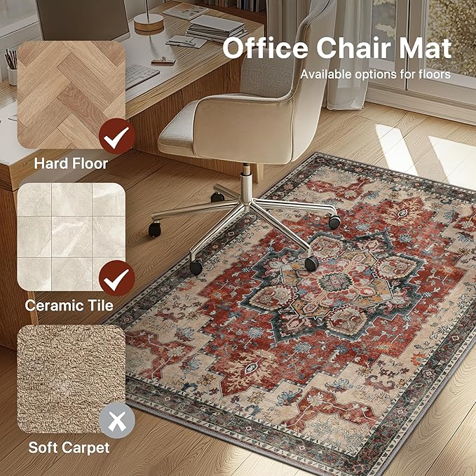 30"x48" Office Chair Mat for Hardwood Tile Floor, Under Desk Carpet Protector for Rolling Computer Chair Mat, Machine Washable Area Rug, Anti-Slip 1/5" Thick Low Pile Thin Vinyl Floor Mat, Annatto