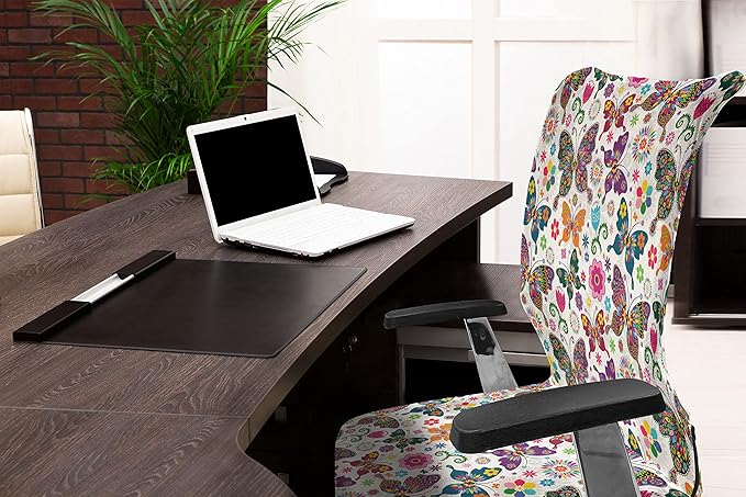 Ambesonne Butterfly Office Chair Cover, Sixties and Seventies Inspired Complex Image with Floral Elements and Butterflies, Stretchable Decorative Universal Size High Back Printed Slipcover, White Pink