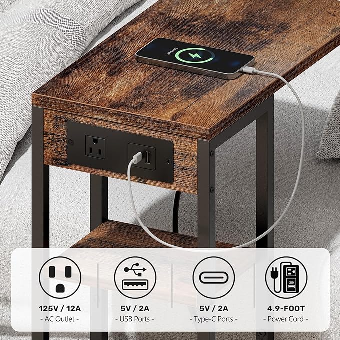 C Shaped End Table with Charging Station,3-Layer Sofa C Table Side Table, Slide Under Sofa Desk Snack Tables with Storage Bag w/AC U-S-B Port & Socket,Small Spaces Drink Tables for Living Room