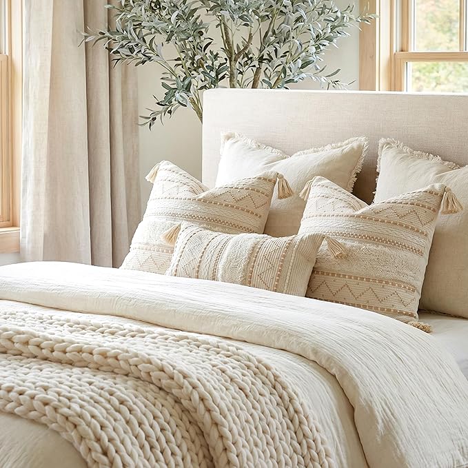 BlissBlush Decorative Throw Pillow Covers 18X18 Combo Set of 2 Square Cream Neutral White Boho Accent Pillowcase Tassels Farmhouse Cushion for Couch Sofa Bedroom Living Room Home Décor Cover ONLY