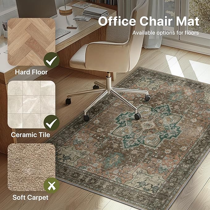 36"x48" Office Chair Mat for Hardwood Tile Floor, Under Desk Carpet Protector for Rolling Computer Chair Mat, Machine Washable Area Rug, Anti-Slip 1/5" Thick Low Pile Thin Vinyl Floor Mat, Rosewood