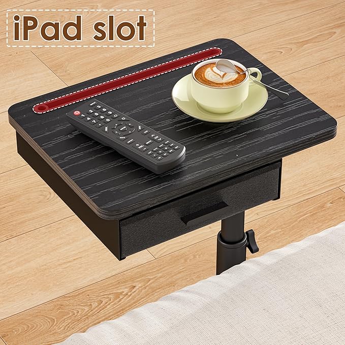 TV Tray with Drawer & Device Slot, Swivel Height Adjustable bedside table, Sofa Side Table for Eating, C Shaped Couch Table for Living Room & Bedroom, Portable Snack End Table for Couch & Bed, Black