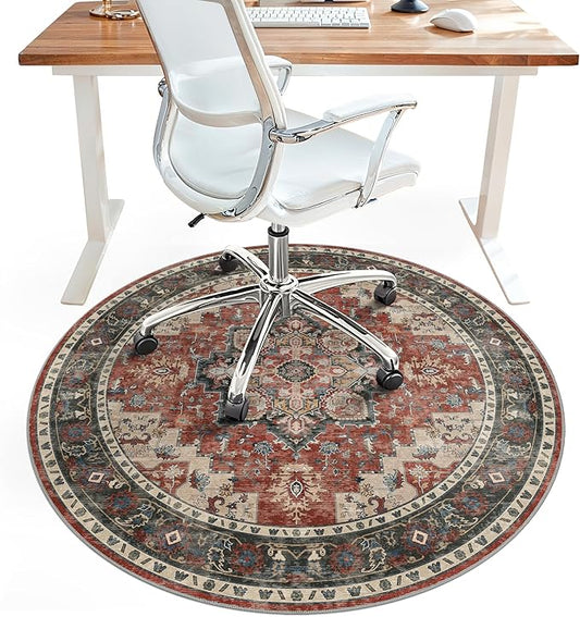 48"x48" Office Chair Mat for Hardwood Tile Floor, Under Desk Carpet Protector for Rolling Computer Chair Mat, Machine Washable Round Area Rug, Anti-Slip 1/5" Thick Low Pile Thin Floor Mat, Annatto