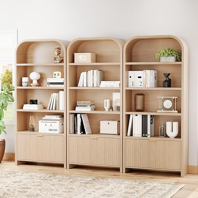 LEVNARY Arched Bookcase with Drawer, 70" Tall 5-Tier Bookshelf with Fluted Carved Drawer, Freestanding Display Storage Cabinet for Living Room Bedroom Home Office (Natural)