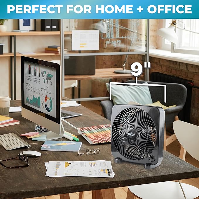 Comfort Zone 9-inch Portable Box Fan – Compact Desktop Cooling Fan with 3-Speeds, Quiet Operation, Built-in Carry Handle & Safety Grill – ETL Listed for Home, Office, or Dorm – Black