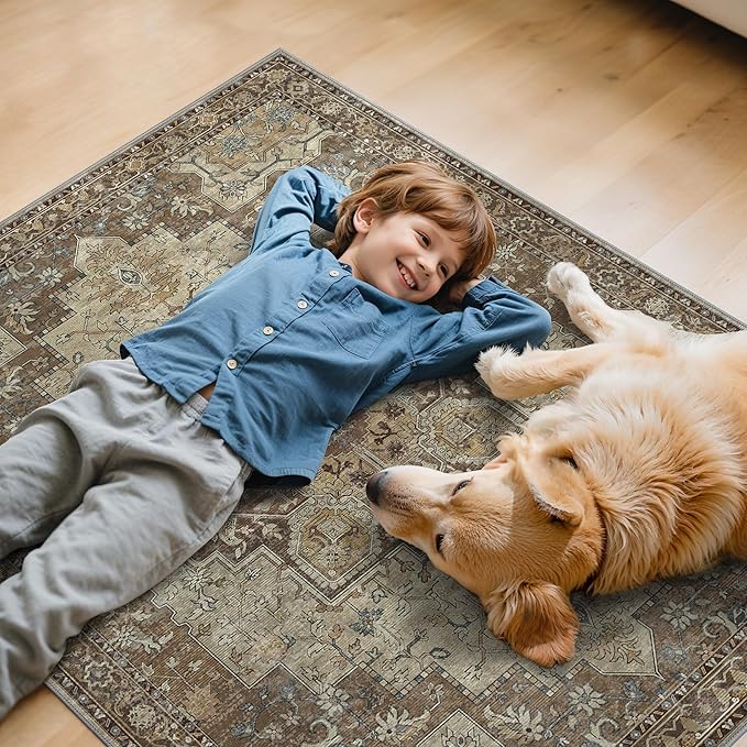 48"x60" Office Chair Mat for Hardwood Tile Floor, Under Desk Carpet Protector for Rolling Computer Chair Mat, Machine Washable Area Rug, Anti-Slip 1/5" Thick Low Pile Thin Vinyl Floor Mat, Brown