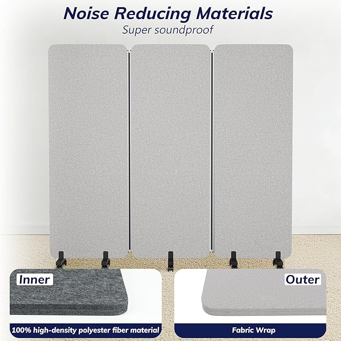 3 Panel Foldable Office Partitions, Mobile Cubicle Wall with Wheels, 71 x 66 Inch Noise Cancelling & Sound Proof Room Dividers Partition Wall, Aluminum Frame Gray