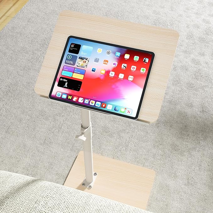 YUHFERA Sofa Armrest Tray Table for Couch - 360° Swivel Height Adjustable End for Small Spaces, Snack Side Table for Bed or Chair with Phone & Tablet Slot (Oak,Angle Adjustable)