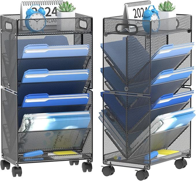 OUTWOLF 10-Tier Rolling File Cart, Beside/Under Desk File Organizer with Wheels, Paper Letter Tray Storage Cart for Office, Classroom, Homeschool Organization