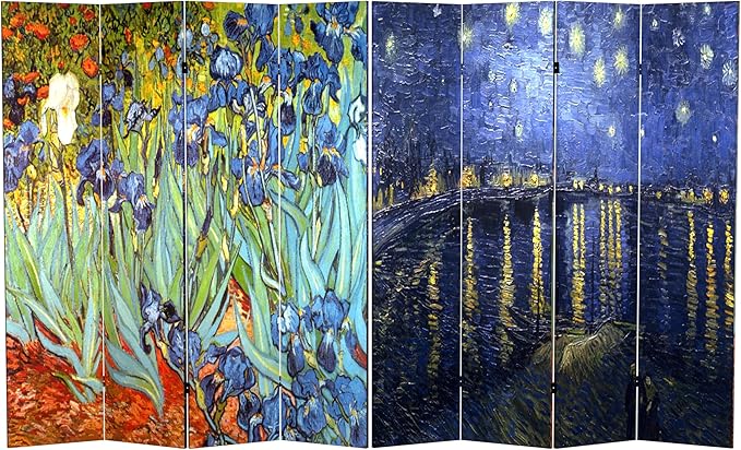 Red Lantern 6 ft. Tall Double Sided Works of Van Gogh Canvas Room Divider - Irises/Starry Night Over Rhone 4 Panel Freestanding Folding Privacy Screen Partition Separator for Modern and Contemporary