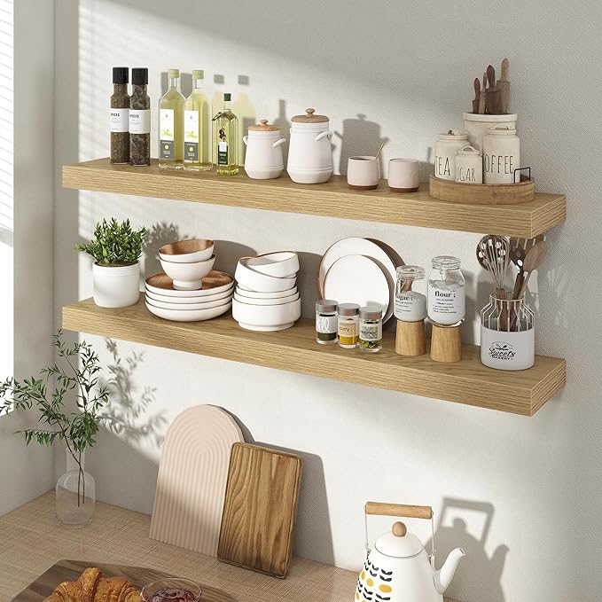 Acovy 36 Inch Floating Shelves for Wall 2 Pack, 36" Wall Shelves for Books, Storage, Decor, Wall Mounted Floating Shelf with Invisible Brackets for Kitchen, Living Room, Oak