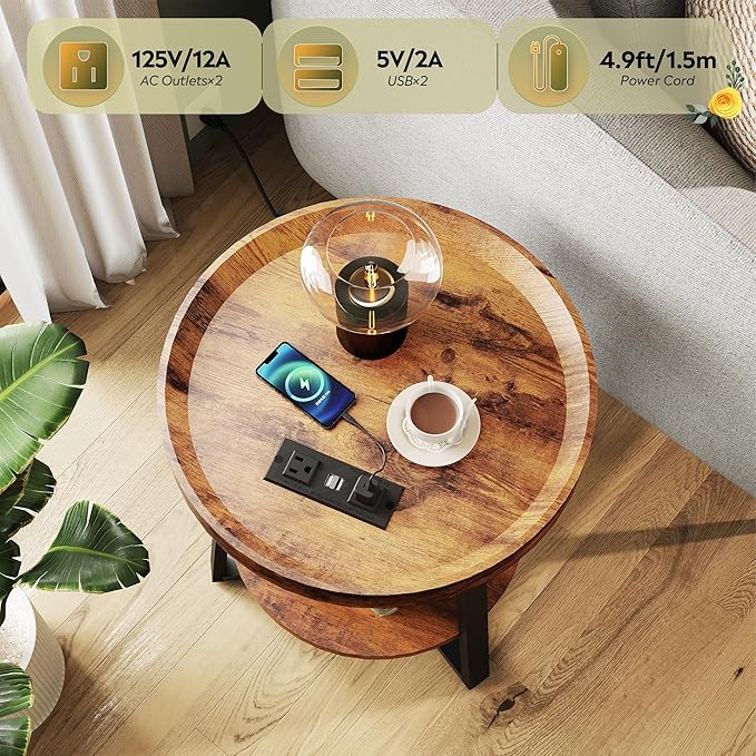 WLIVE Small Round Side Table with Charging Station, Round Coffee Table, 2 Tier End Table for Living Room/Bedroom, Sofa Couch, Easy to Assemble, Wood Tabletop & Metal Frame, Rustic Brown
