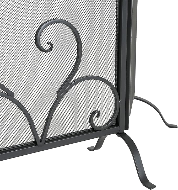 Christopher Knight Home Suho 3-Panel Iron Fireplace Screen, Foldable Fire Spark Guard with Wrought Metal Decorative Mesh, Arch Heavy Duty with Central Floral Pattern, 54" x 31.5", Black