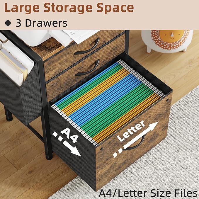 HIGDBFE 3 Drawer File Cabinet with Charging Station, 45''H, 3-Tier Filing Cabinet for Home Office, 11''*16'' for Small Printer, Fabric Drawer Fits Letter/A4, Tall Printer Stand, Rustic Brown