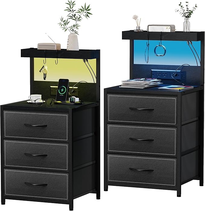 SZLHANJZ LED Nightstand Set of 2, Night Stand with 3 Drawers and Type C Charging Station, Storage End Table with Shelf and Hooks, Large Bedside Table for Dorm Bedroom, Black