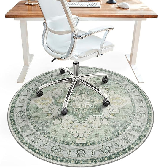 48"x48" Office Chair Mat for Hardwood Tile Floor, Under Desk Carpet Protector for Rolling Computer Chair Mat, Machine Washable Round Area Rug, Anti-Slip 1/5" Thick Low Pile Thin Floor Mat, Green