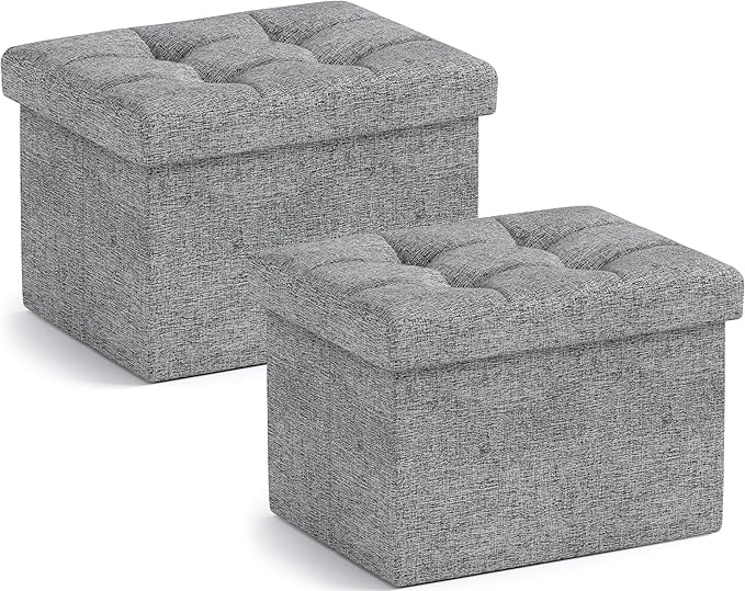 Ornavo Home Small Storage Ottoman, Set of 2, Foldable Collapsible Rectangle Linen Ottoman Foot Rest Stool Seat, for Living Room, Bedroom, Home Office, Dorm - 12 x 16 x 12, Gray
