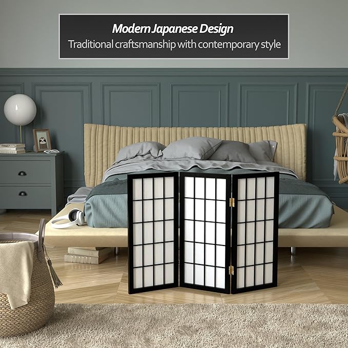 2 ft. Short Desktop Window Pane Shoji Screen - Black - 3 Panels