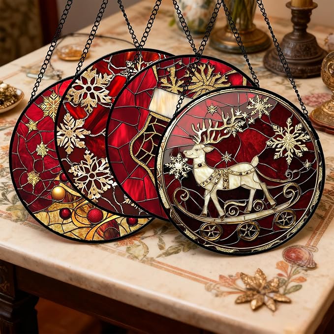 DASTOLL Stained Glass Window Hanging 4 Pcs Set Red Christmas Elk Snowflakes 9.8" - Deer Suncatcher Door Garden Sun Catcher Decor Birthday for Mom Woman Nana Men Friend