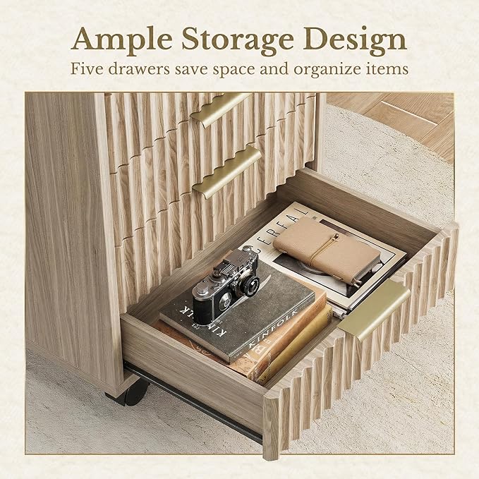 7 Drawer File Cabinet, Wooden Office Cabinet with Drawers, Fluted Storage Filing Drawer for Home Office, Light Walnut