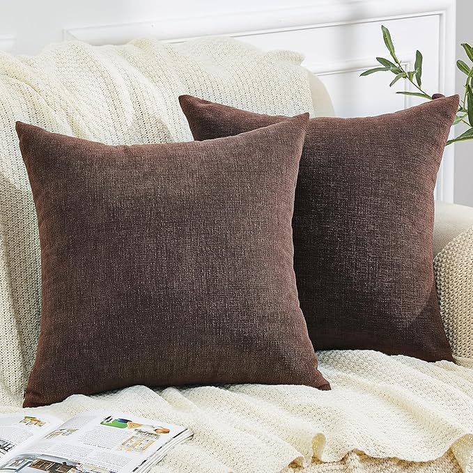GAWAMAY Decorative Square Throw Pillow Covers 22x22 Inch Set of 2, Super Soft Chenille Pillows Farmhouse Fall Pillowcase for Living Room Bedroom Sofa Couch Cushion Cover Coffee 55x55cm (No Inserts)