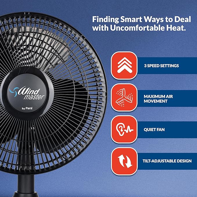PAMI Oscillating Desk Fan - Portable Table Top Fan With 3 Speed Levels, Large Blades & Adjustable Tilt- Max Air Flow Office Desk Fan- Electric Cooling Fan For Bedroom Home Dorm Office (Black, 16'')