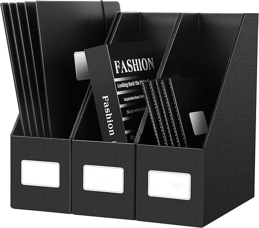 JiaWei Black Magazine File Holders, 3 Packs Sturdy Cardboard File Rack, Office Organization Desktop Storage File Box Binder for Shelves and Desk, Folder Holder for Office or Classroom