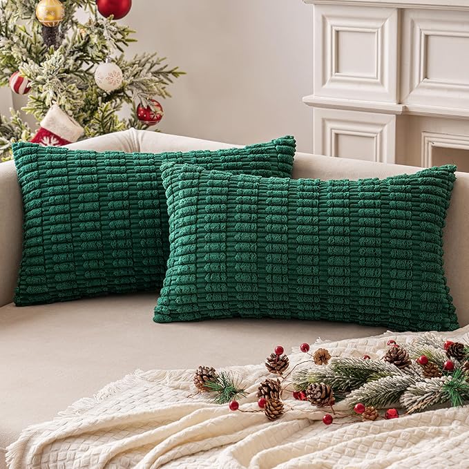 MIULEE Pack of 2 Dark Green Corduroy Decorative Christmas Pillow Covers 12x20 Inch Soft Boho Striped Throw Pillow Covers Modern Farmhouse Home Decor for Sofa Living Room Couch Bed