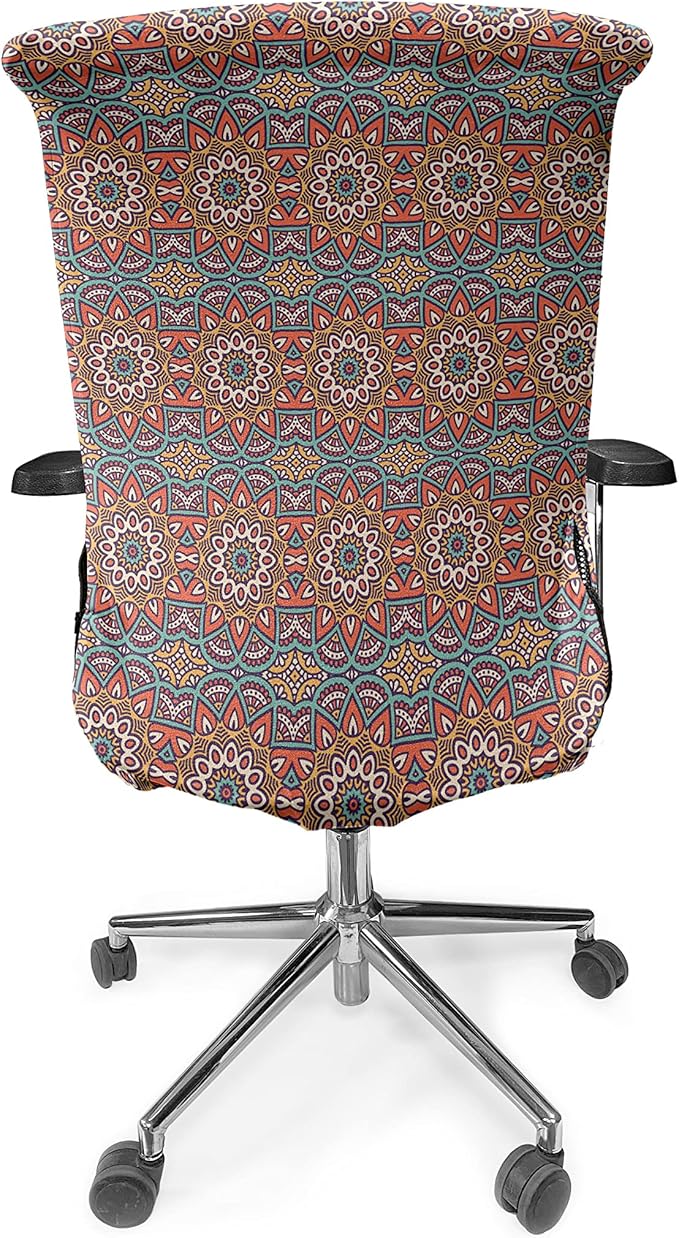 Ambesonne Mandala Office Chair Cover, Nature Inspired Floral Abstraction in Retro Colors Ornamental Petals, Stretchable Decorative Universal Size High Back Printed Slipcover, Turquoise Orange