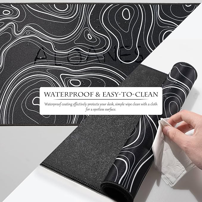 ALOANES Waterproof Mouse Pad with Durable Stitched Edge, XL Gaming Keyboard Pad, Non-Slip Rubber Base, Extended Desk pad for Gamer, Office & Home, Black Topographic Map Mousepad 35.4''x 15.7''x 0.12''