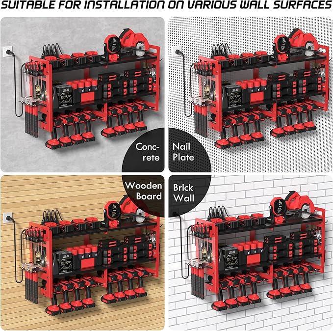 TOPRINCE Large Power Tool Organizer Wall Mount with Charging Station, 3-Tier Heavy Duty Metal Tool Rack with 8 Drill Holders and 6FT Power Strip, Garage Workshop Storage.Red