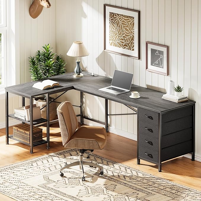Huuger 55 Inch L Shaped Desk with Fabric Drawers, Reversible Computer Gaming Desk with Power Outlets and USB-C Port, Adjustable Side Storage Shelves, for Work Study Corner Home Office, Grey