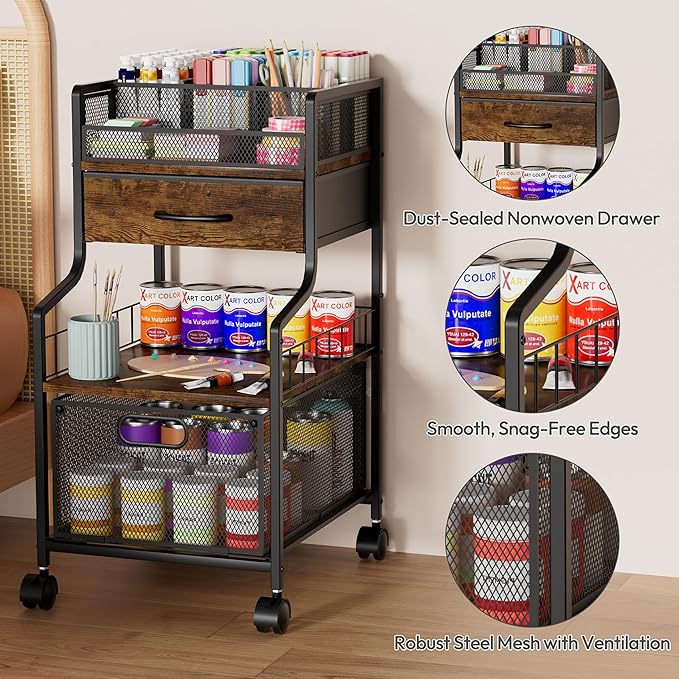 SWTYMIKI Rolling Under Desk Storage - Storage Cart with Drawers & DIY Divider - Art Cart Organizer on Wheels - Craft Rolling Utility Cart for Office, Craft Room & Studio Espresso