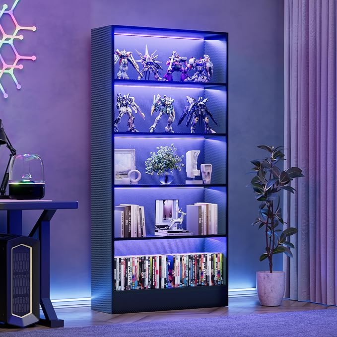 CODACE Tall Wooden Black Bookshelf - Book Shelf with LED Lights, Lighted Display Shelf with 5-Tier Shelves, Large Display Bookshelves for Collectibles, Modern Bookcase for Living Room, Bedroom, Office